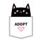 Adopt me. Black cat in the pocket. Cute cartoon animals. Kitten kitty character. Pink heart. Dash line. Pet animal collection. T-s