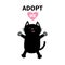 Adopt me. Black cat silhouette. Reds heart. Pet adoption. Kawaii animal. Hands up, tongue. Cute cartoon kitty character. Funny bab