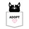 Adopt me. Black chihuahua dog in the pocket. Holding paws. Pink heart. Cute cartoon animals. Puppy pooch character. Dash line. Pet