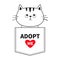 Adopt me. Cat sitting in the pocket. Red heart. Cute cartoon animals. Kitten kitty character. Dash line. Pet animal collection. T-