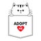 Adopt me. Cute cat in the pocket. Holding hands paws. Red heart. Cartoon animals. Kitten kitty character. Dash line. Pet animal co