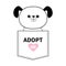 Adopt me. Dog sitting in the pocket. Pink heart. Cute cartoon animals. Puppy pooch character. Dash line. Pet animal collection. T-