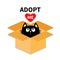 Adopt me. Dont buy. Cat inside opened cardboard package box. Pet adoption. Kitten looking up to red heart. Flat design style. Help