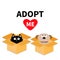 Adopt me. Dont buy. Dog Cat inside opened cardboard package box. Pet adoption. Puppy pooch kitty cat looking up to red heart. Flat