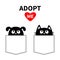 Adopt me. Dont buy. Dog Cat in pocket. Pet adoption. Puppy pooch kitty cat looking up to red heart. Flat design. Help homeless ani