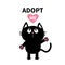 Adopt me. Dont buy. Pink heart. Black catwiving hand paw print silhouette looking up. Cute cartoon character. Help animal concept.