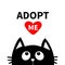 Adopt me. Dont buy. Red heart. Black cat face head silhouette looking up. Cute cartoon character. Help animal concept. Pet