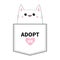 Adopt me. Kitten sitting in the pocket. Pink heart. Cute cartoon animals. Cat kitty character. Dash line. Pet animal collection. T