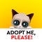 Adopt me, red heart, cute cartoon character, help animal concept, pet adoption, vector image.