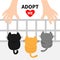 Adopt me. Three kittens looking up to human hand. Nursery cage aviary. Cute cartoon funny character. Animal hug. Helping hands con