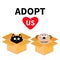 Adopt us. Dont buy. Dog Cat inside opened cardboard package box. Pet adoption. Puppy pooch kitten cat looking up to red heart. Fla