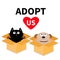 Adopt us. Dont buy. Dog Cat inside opened cardboard package box. Ready for a hug. Puppy pooch kitten cat looking up to pink heart.