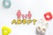 Adopt word, paper silhouette of family and toys on white background top view copyspace