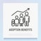 Adoption benefits thin line icon: family with child and baby and graph of growth. Modern vector illustration