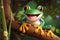 Adorable 3d rendered cute happy smiling and joyful frog cartoon character sitting on a tree branch with wide open mouth yawning