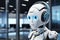 Adorable 3D rendered robot in headset provides automated customer service concept