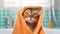 Adorable Abyssinian cat covered with an orange towel. Funny Abyssinian cat in the bathroom background. Animal Hygiene and pet care