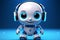 Adorable AI chat bot, cute robot with headphones, blue background