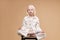 Adorable albino child model meditate in lotus pose