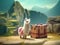 Adorable alpaca illustration on Machu Picchu, Peru\'s top travel spot, with ancient terraces, AI generated