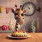 Adorable animated giraffe celebrating a birthday with a candlelit cake in a cozy kitchen setting