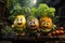 Adorable animation vegetable characters on rule of odds in realistic magical fertile arable land. AI generated.