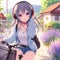 An adorable anime girl riding bicycle wearing headphone at a lavender flower field, village, anime style, nature