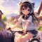 An adorable anime girl riding a bicycle and wearing headphone at village street with a beautiful view of lavender field, cute pose