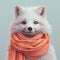 an adorable arctic fox wearing a peach scarf