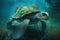 An adorable armored turtle swimming underwater