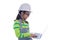 Adorable Asian girl acting in studio with construction helmet  girl with green color sweater dream to be architecture or engineer