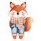 Adorable autumn fox illustration.Watercolor clipart of a cute fox in seasonal attire