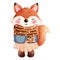 Adorable autumn fox illustration.Watercolor clipart of a cute fox in seasonal attire.