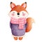 Adorable autumn fox illustration.Watercolor cute fox in colorful autumn clothes