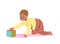 Adorable baby boy crawling and playing with cube. Small infant kid have fun with building block