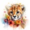 Adorable Baby Cheetah in a Colorful Flower Field for Art Prints and Greetings.