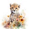 Adorable Baby Cheetah in a Colorful Flower Field for Art Prints and Greetings.