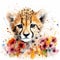 Adorable Baby Cheetah in a Colorful Flower Field. Ideal for Art Prints and Greetings.