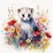 Adorable Baby Ferret in a Colorful Flower Field Watercolor Painting Ideal for Greeting Cards and Art Prints
