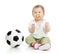 Adorable baby football player with ball