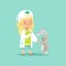 Adorable baby girl doctor holding by hand her bunny patient with sick leg. Flat cartoon character of child in medical