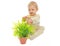 Adorable baby girl playing with plant in pot