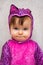 Adorable Baby Girl wearing Pink Leopard Costume with Heart Melting Expression