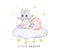 Adorable baby grey dragon sitting on fluffy cloud little dragon watercolour, whimsical children animal nursery illustration