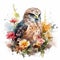 Adorable Baby Hawk in a Colorful Flower Field Watercolor Painting Ideal for Art Prints and Greeting Cards Wildlife Art