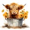 Adorable Baby Highland Cow Sitting in a Bucket with Minimalist Flowers AI Generated