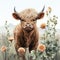 Adorable Baby Highland Cow Standing in a Field Surrounded by Minimalist Roses AI Generated