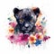 Adorable Baby Panther in a Colorful Flower Field Watercolor Painting Ideal for Greeting Cards and Art Prints