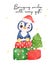 Adorable baby penguin sits on a stack of wrapped present boxes, bringing joy and festive cheer. Perfect for Christmas cards and