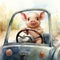 Adorable Baby Pig Driving a Car - Watercolor Clipart on White Background AI Generated
